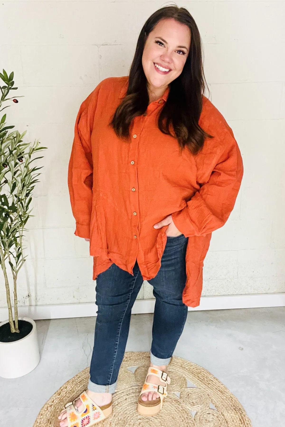 Rust Button Down Sharkbite Cotton Tunic Shirt