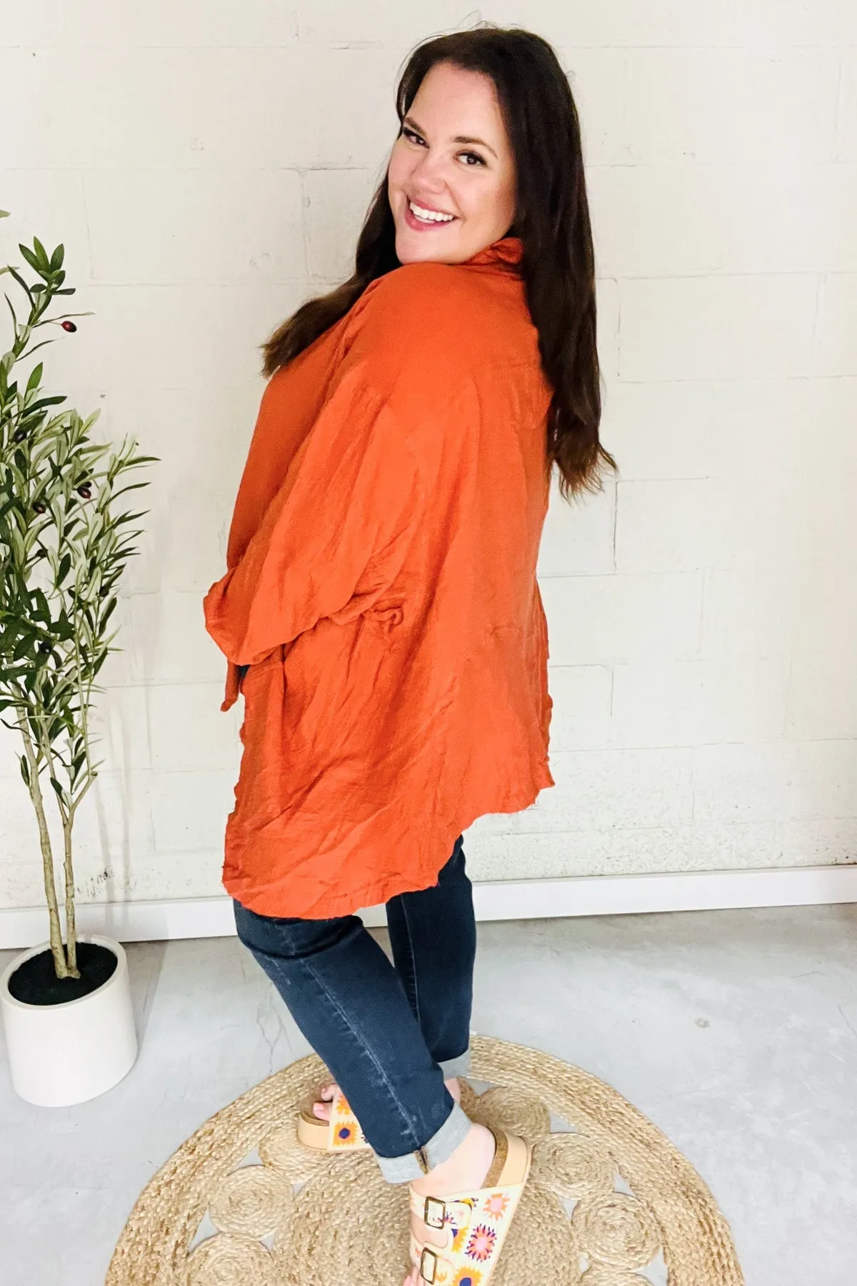 Rust Button Down Sharkbite Cotton Tunic Shirt