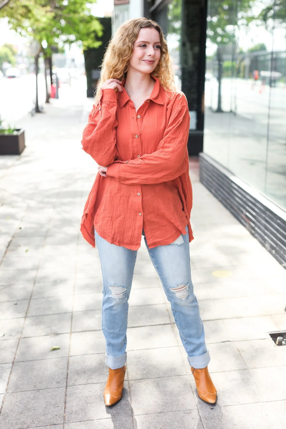 Rust Button Down Sharkbite Cotton Tunic Shirt