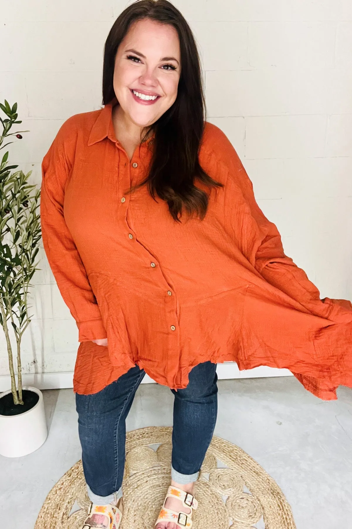 Rust Button Down Sharkbite Cotton Tunic Shirt