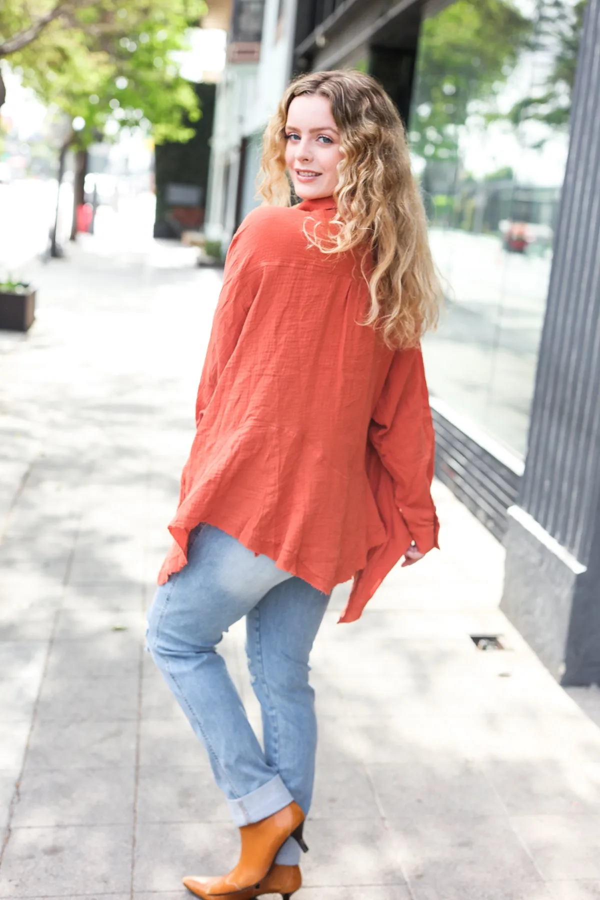 Rust Button Down Sharkbite Cotton Tunic Shirt