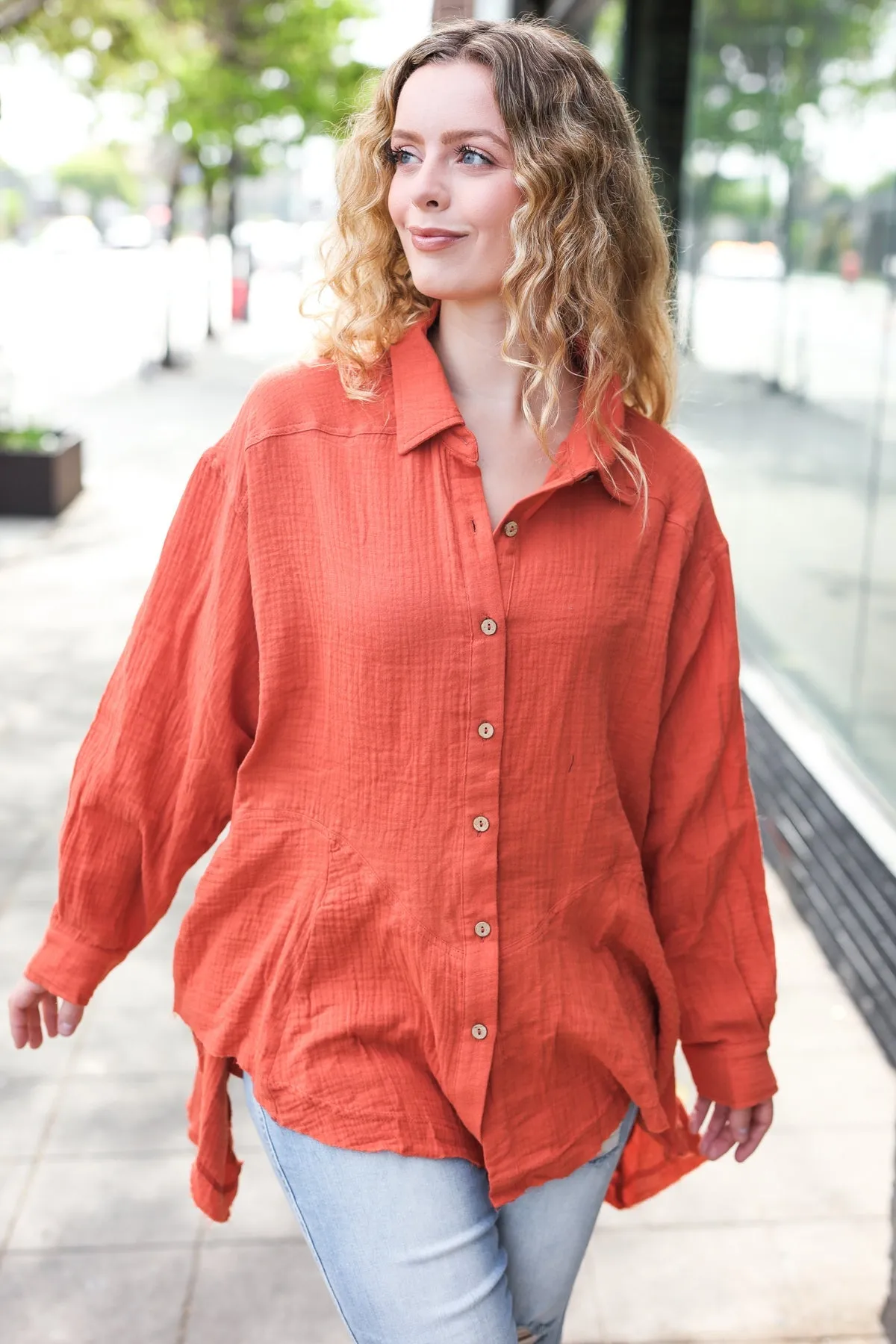 Rust Button Down Sharkbite Cotton Tunic Shirt