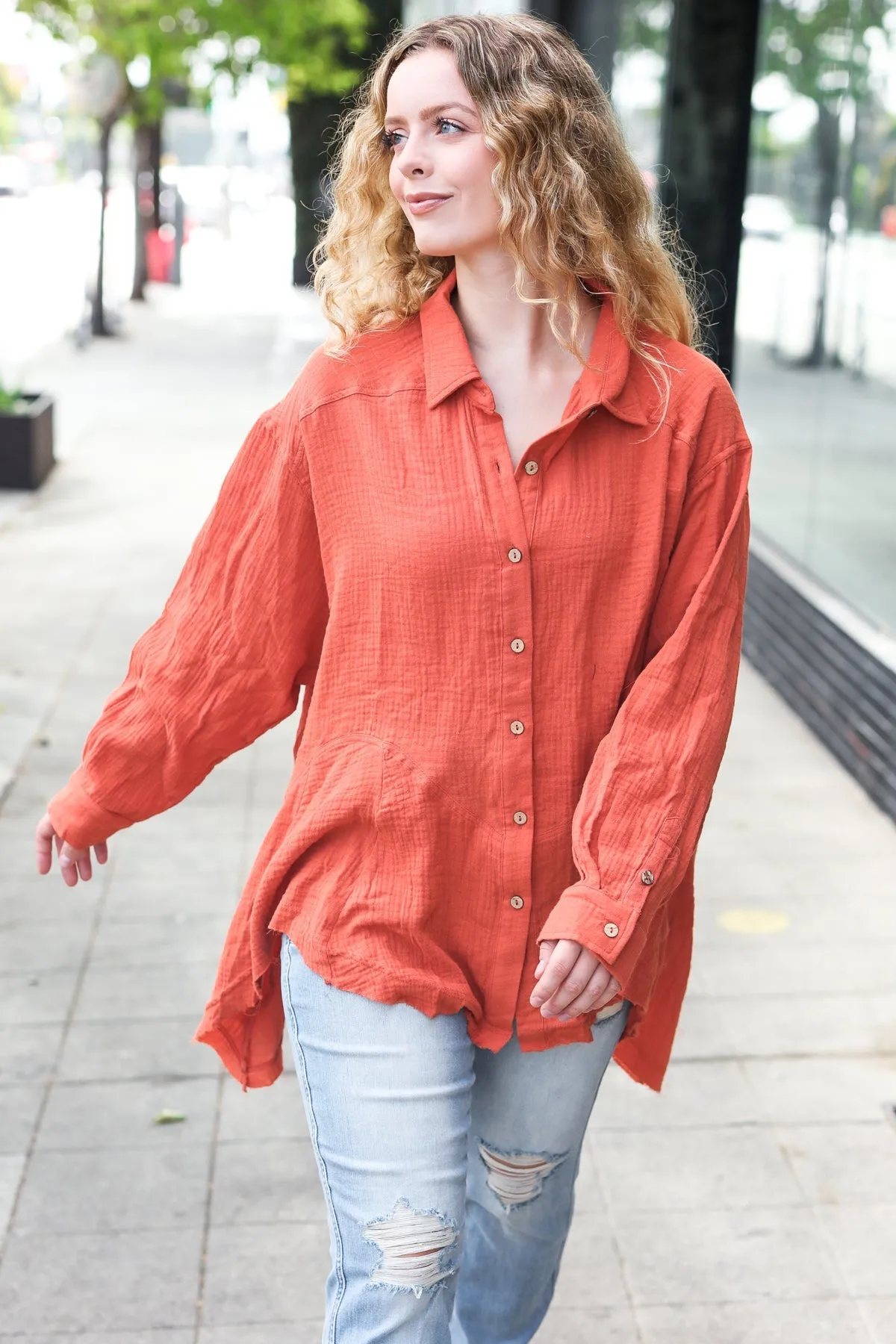 Rust Button Down Sharkbite Cotton Tunic Shirt