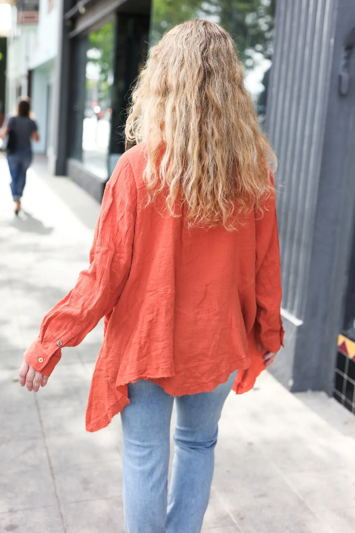 Rust Button Down Sharkbite Cotton Tunic Shirt