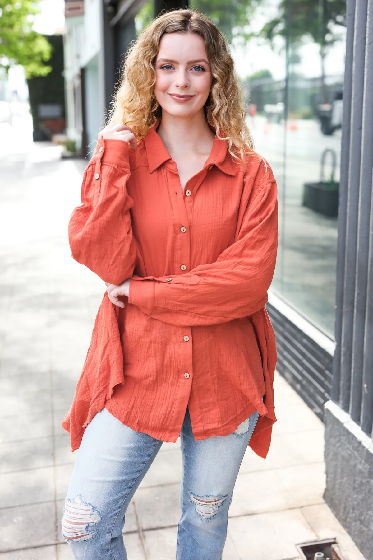 Rust Button Down Sharkbite Cotton Tunic Shirt