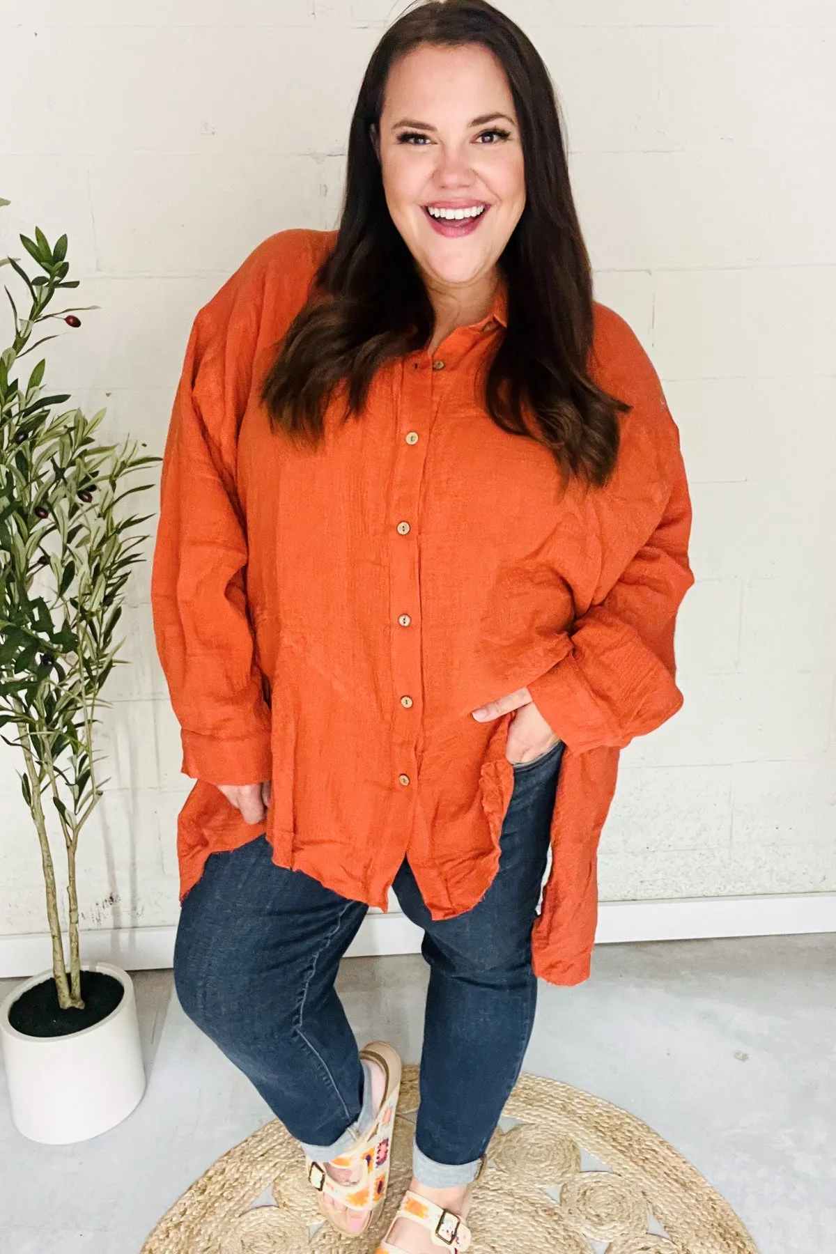 Rust Button Down Sharkbite Cotton Tunic Shirt