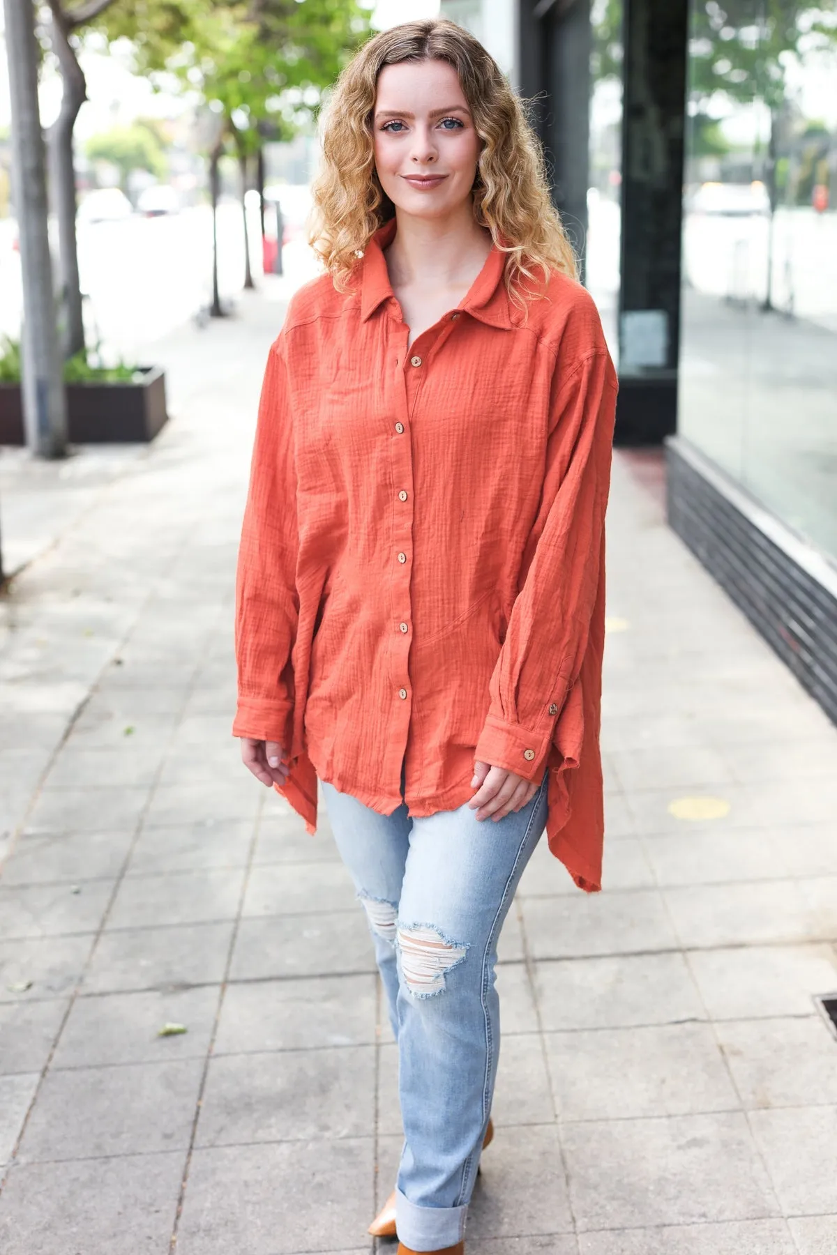 Rust Button Down Sharkbite Cotton Tunic Shirt