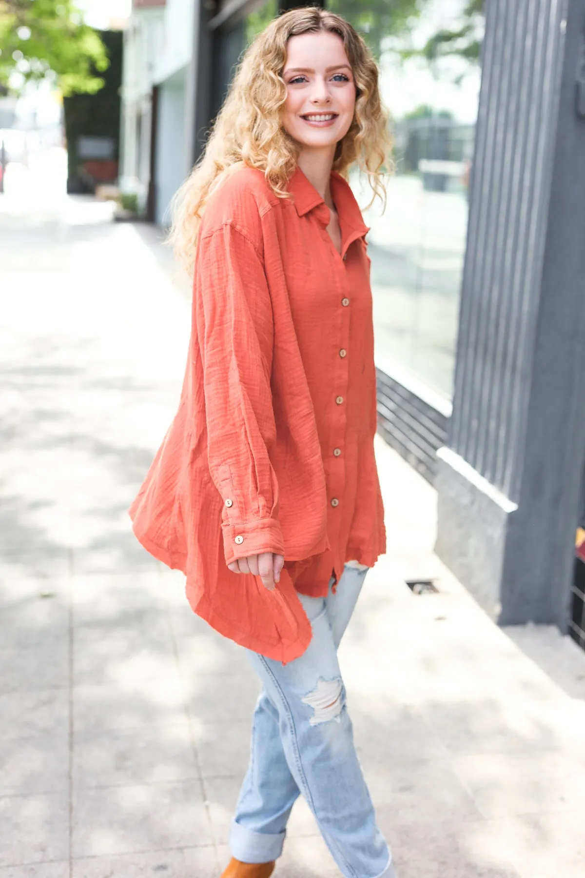 Rust Button Down Sharkbite Cotton Tunic Shirt