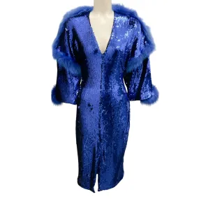 Sally LaPointe Blue Fur Trimmed Sequined Dress