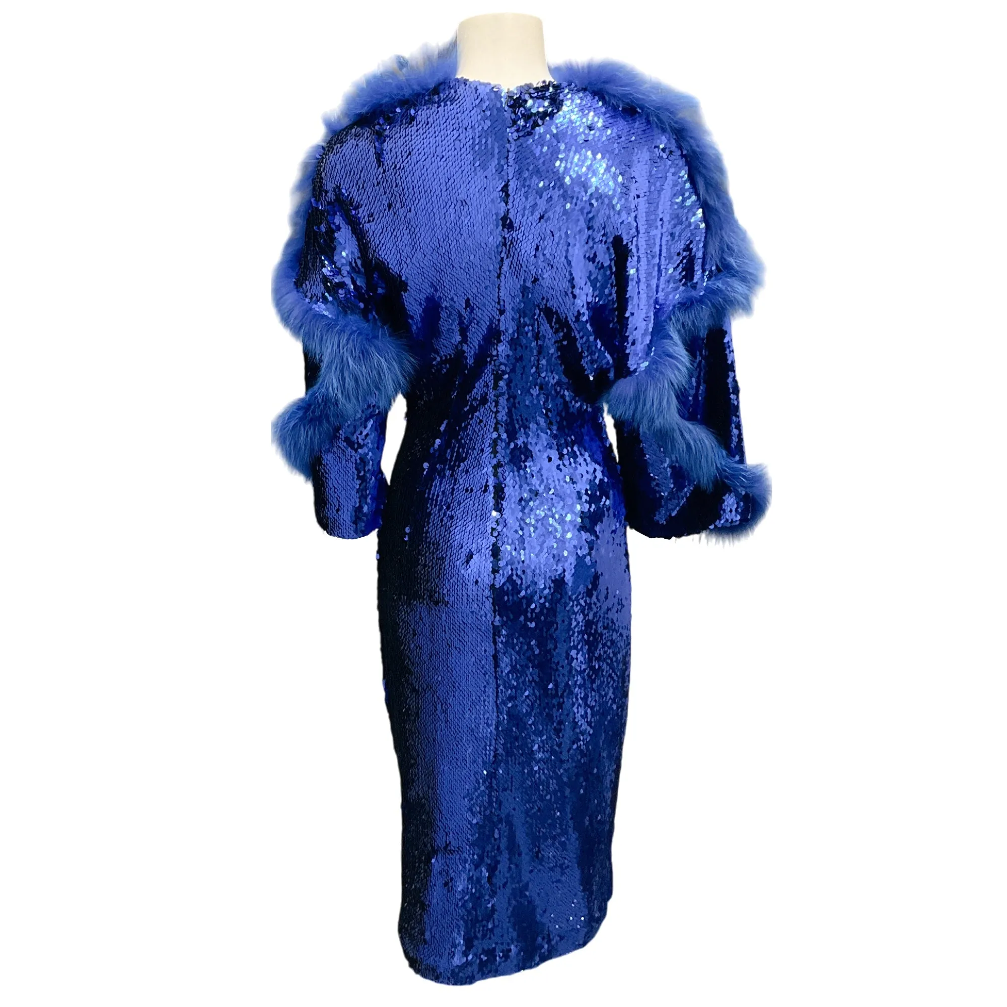 Sally LaPointe Blue Fur Trimmed Sequined Dress