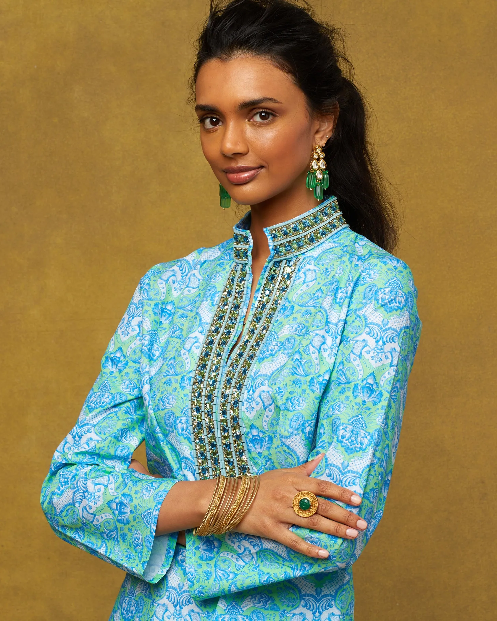 Shalimar Tunic in Turquoise and Green and Topaz Crystal Embellishment