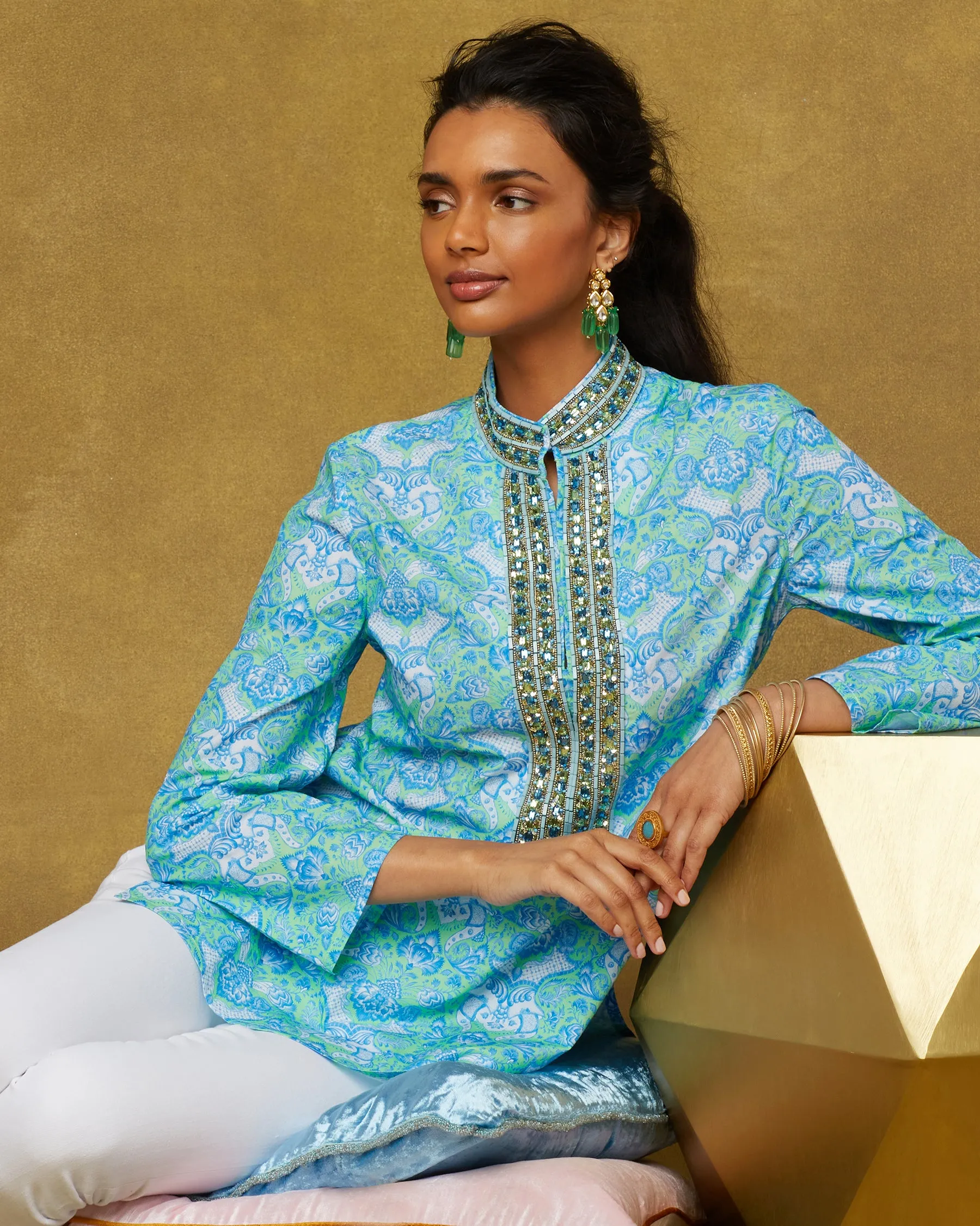 Shalimar Tunic in Turquoise and Green and Topaz Crystal Embellishment