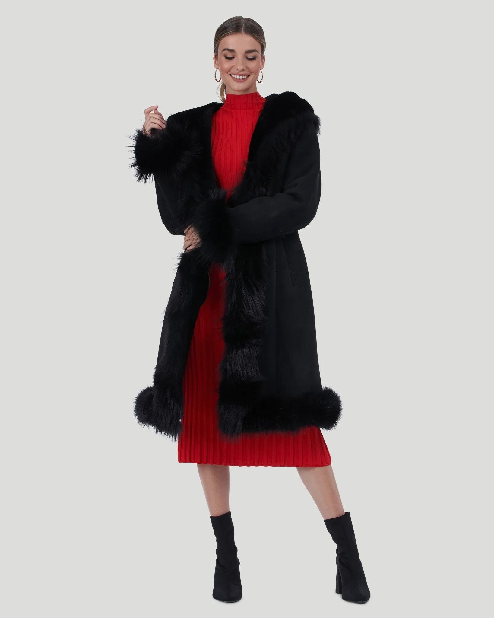 Shearling Lamb Short Coat with Toscana Lamb Tuxedo Collar, Hood Trim, Cuffs & Bottom