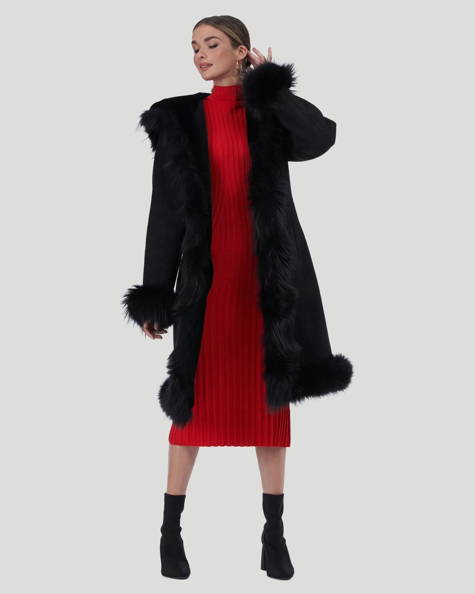 Shearling Lamb Short Coat with Toscana Lamb Tuxedo Collar, Hood Trim, Cuffs & Bottom