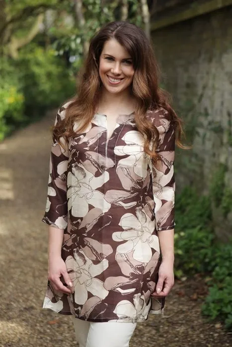 Silk Kaftan Brown Flowers