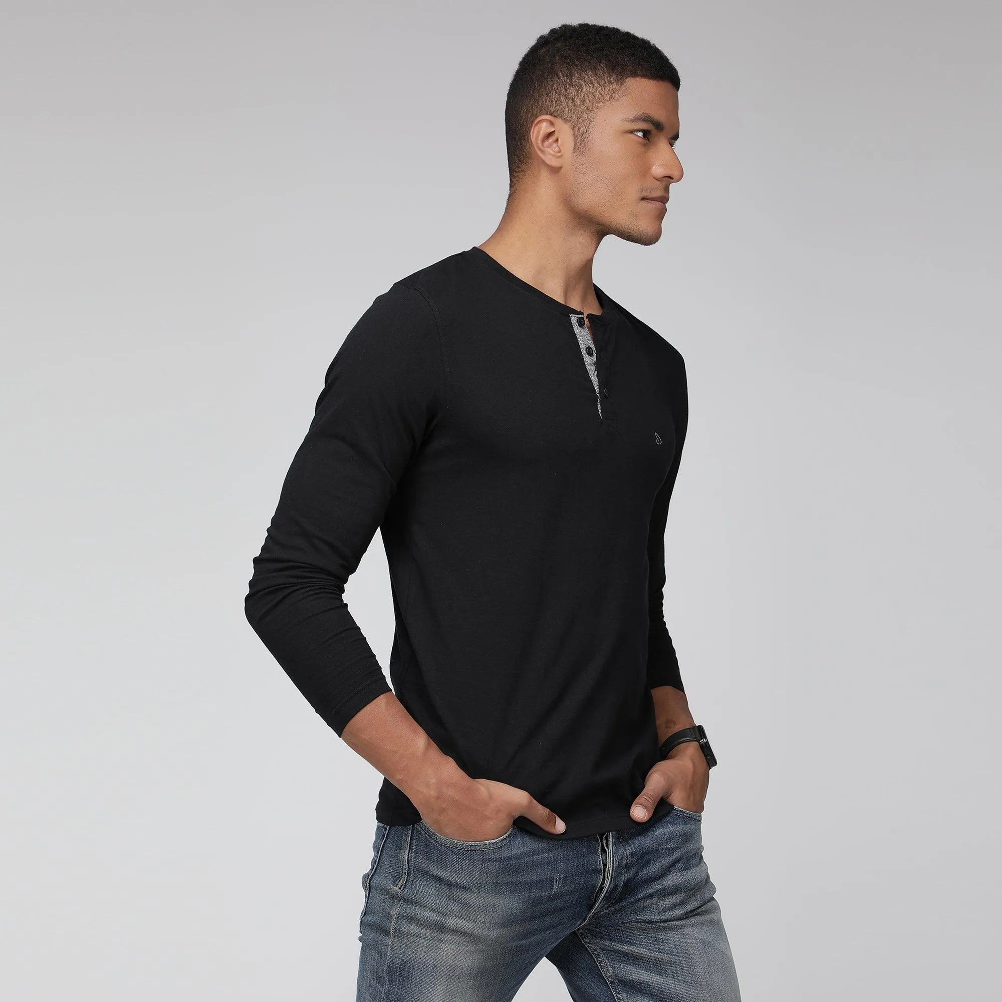 Sporto Men's Henley Neck Full Sleeve T-Shirt - Black