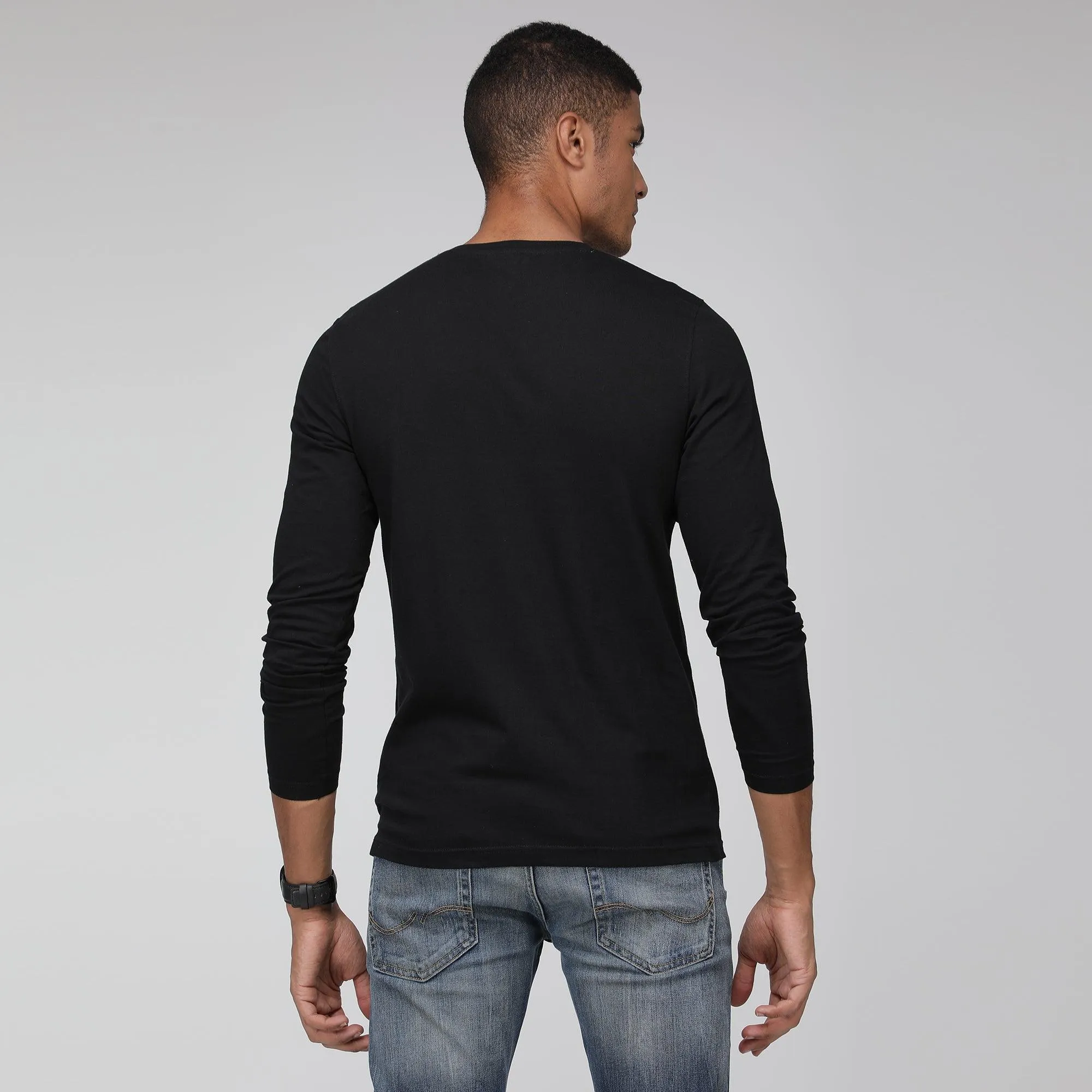 Sporto Men's Henley Neck Full Sleeve T-Shirt - Black