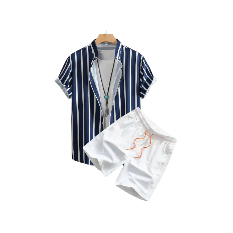 Summer 2-Piece Set: Swim Trunks & Striped Henley for Men