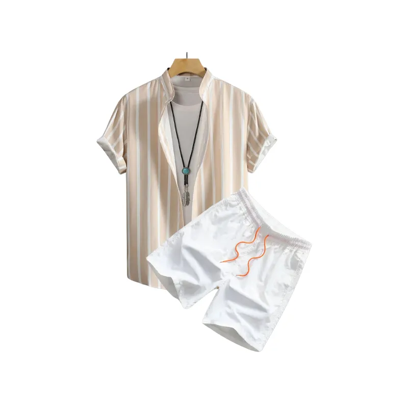 Summer 2-Piece Set: Swim Trunks & Striped Henley for Men