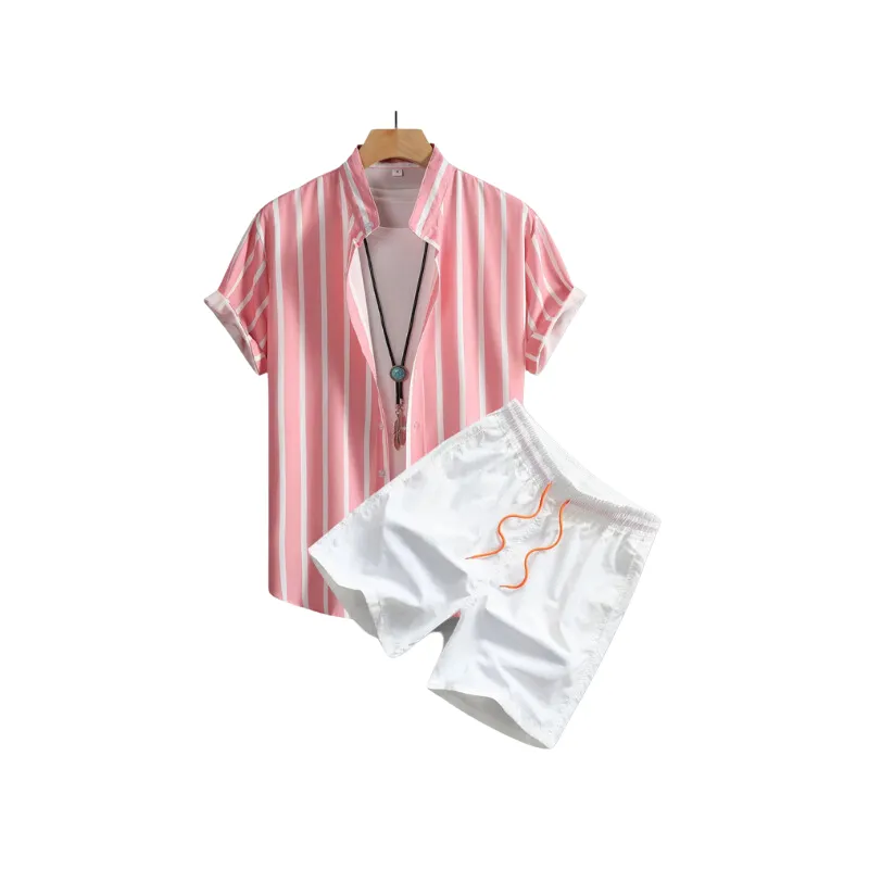 Summer 2-Piece Set: Swim Trunks & Striped Henley for Men