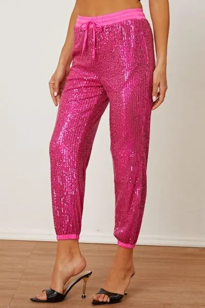 TEEK - Hot Pink Sequin Drawstring Pants with Pockets