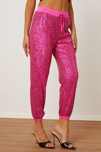 TEEK - Hot Pink Sequin Drawstring Pants with Pockets