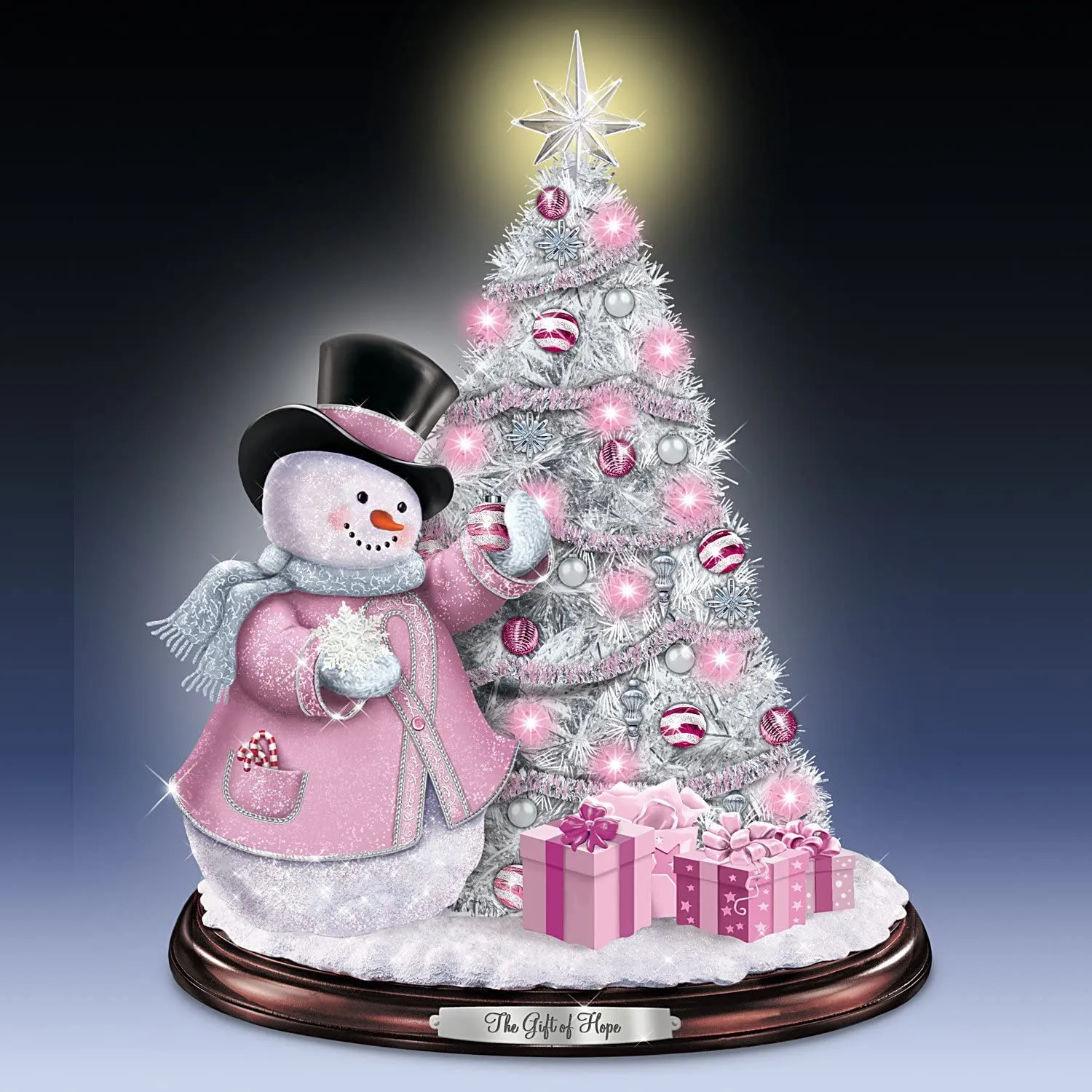 The Bradford Exchange Breast Cancer Awareness Gift of Hope Snowman & Pre-Lit Tabletop Tree Christmas Decoration 12-Inches