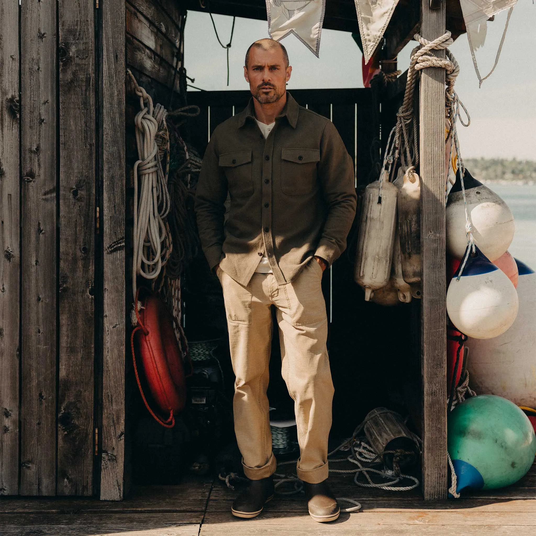 The Maritime Shirt Jacket in Fatigue Olive Moleskin Twill