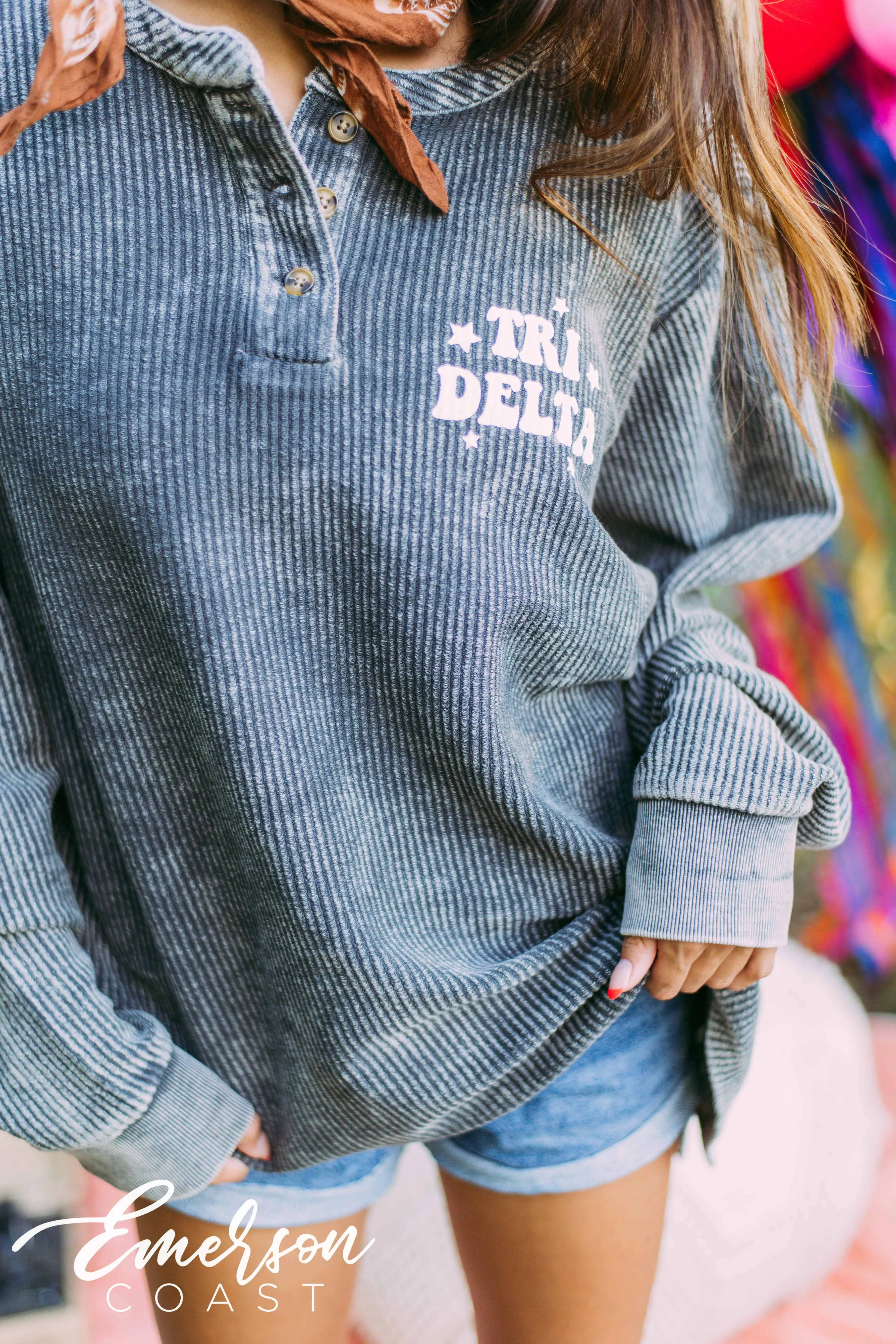 Tri Delta Charcoal Corduroy Henley