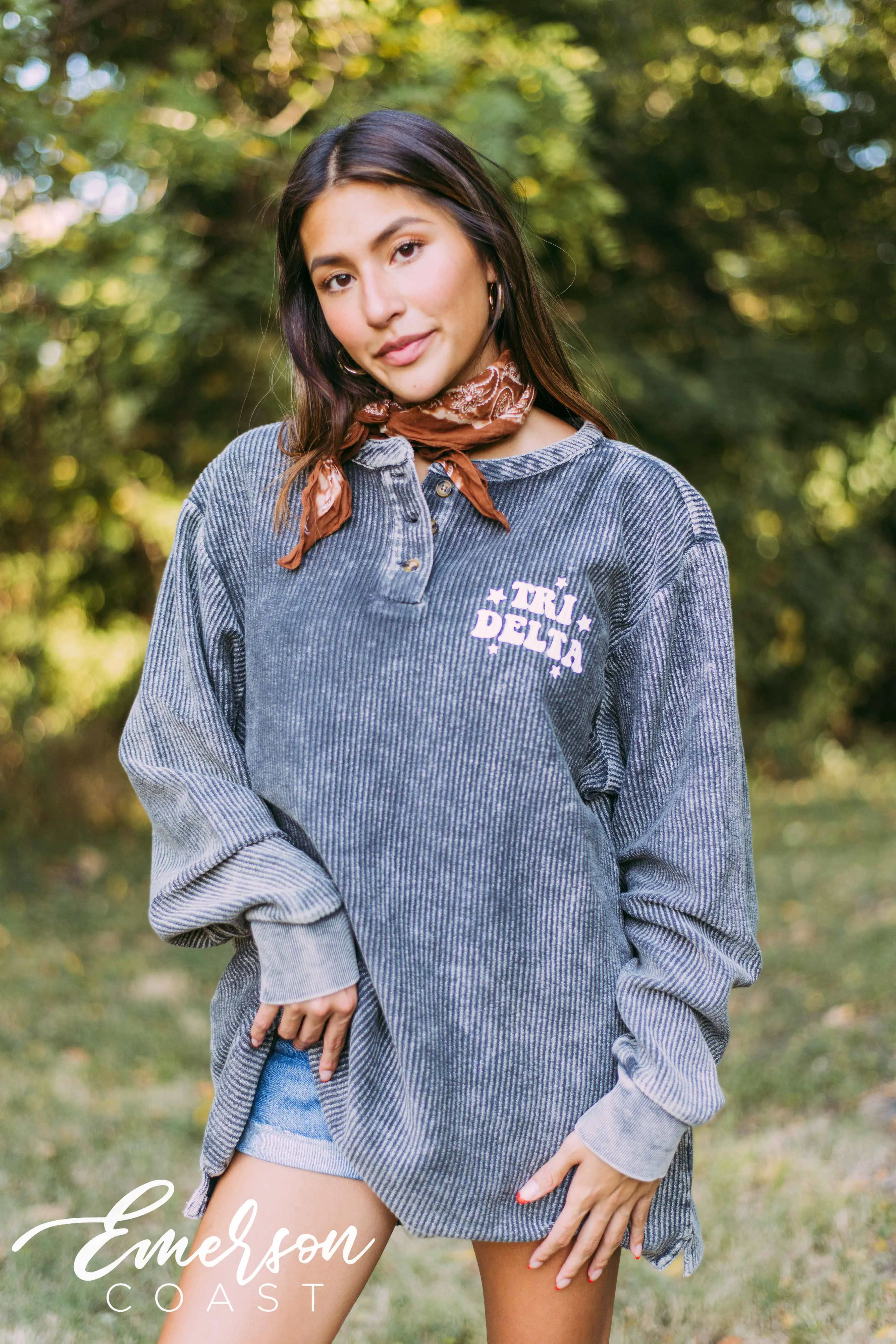 Tri Delta Charcoal Corduroy Henley