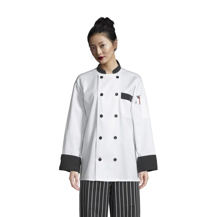 Uncommon Threads Chef Coat Small White w/ Black Trim Unisex 65/35 Poly/Cotton Twill