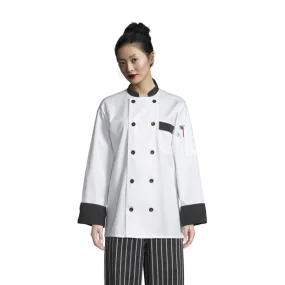 Uncommon Threads Chef Coat Small White w/ Black Trim Unisex 65/35 Poly/Cotton Twill