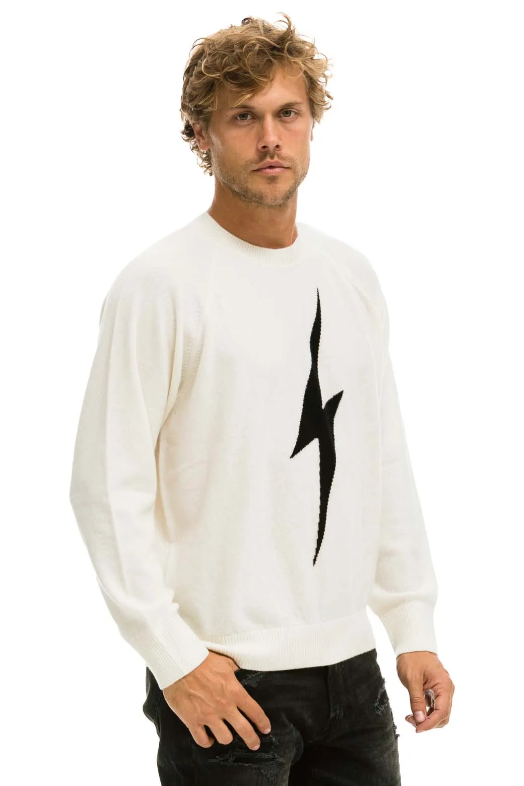 UNISEX BOLT CASHMERE LIGHT SWEATER - VINTAGE WHITE // BLACK BOLT