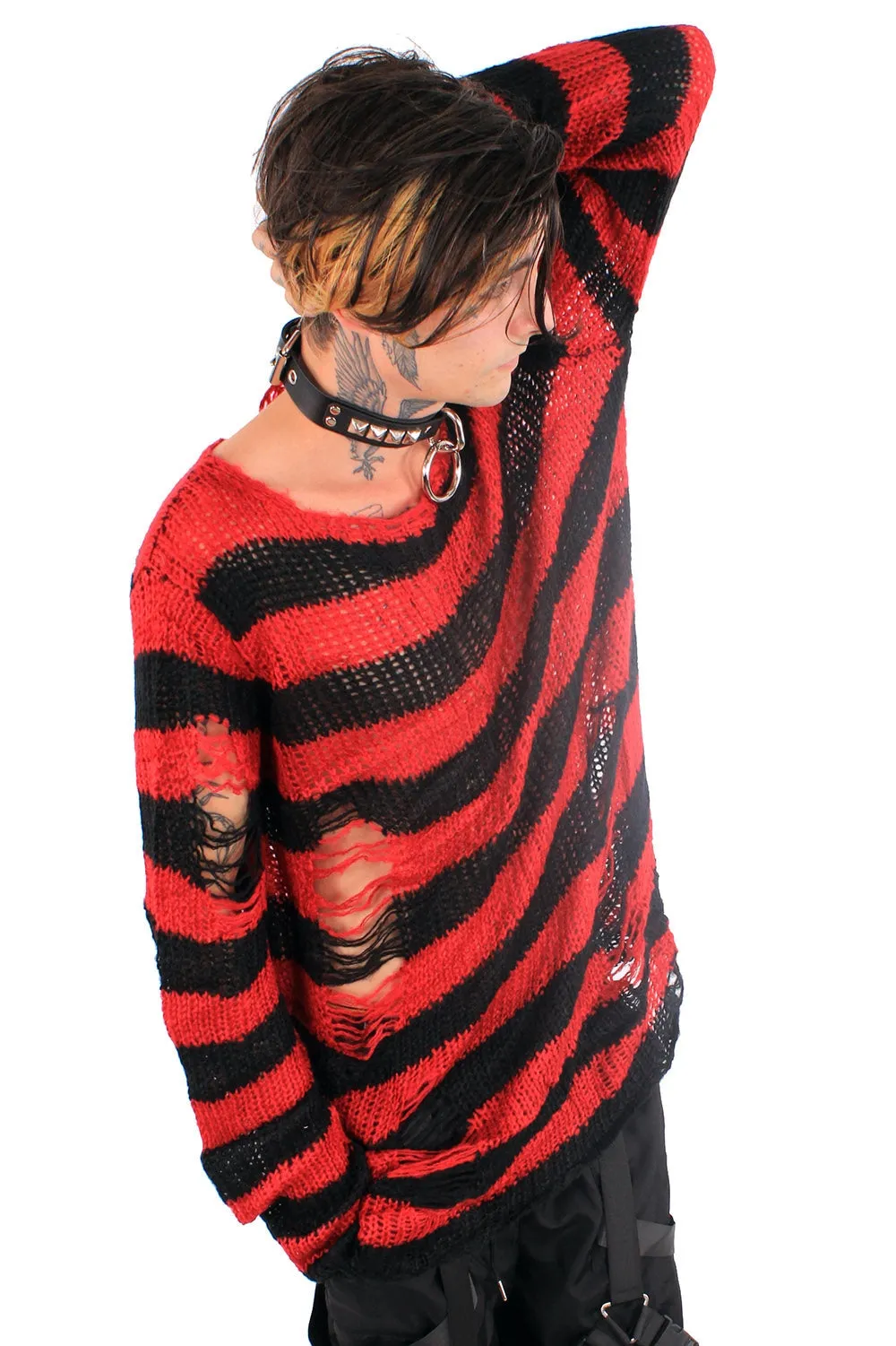 Unisex Red & Black Striped Distressed Sweater by VampireFreaks