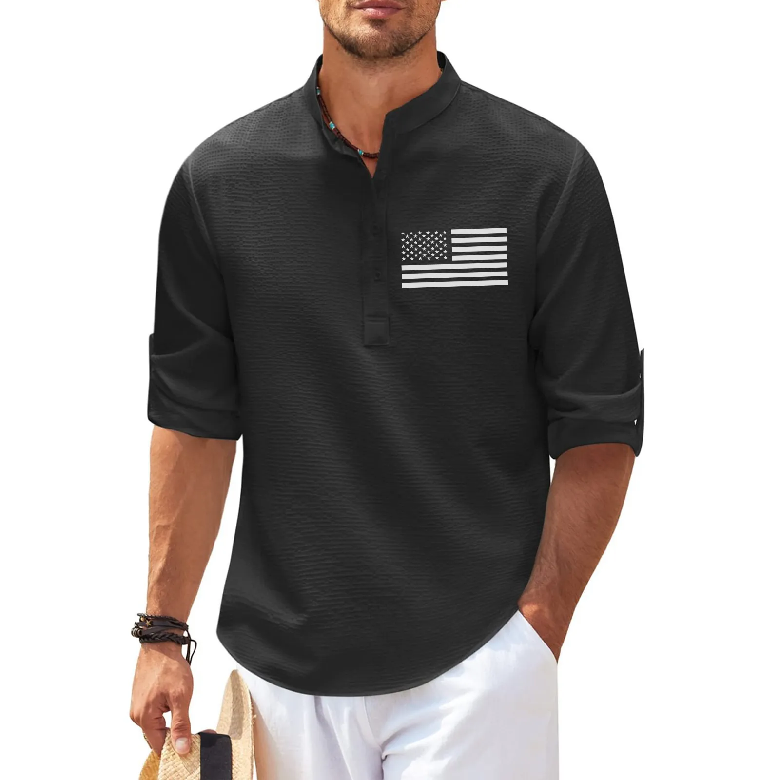 USA FLAG 3/4 SLEEVE CASUAL HENLEY SHIRT