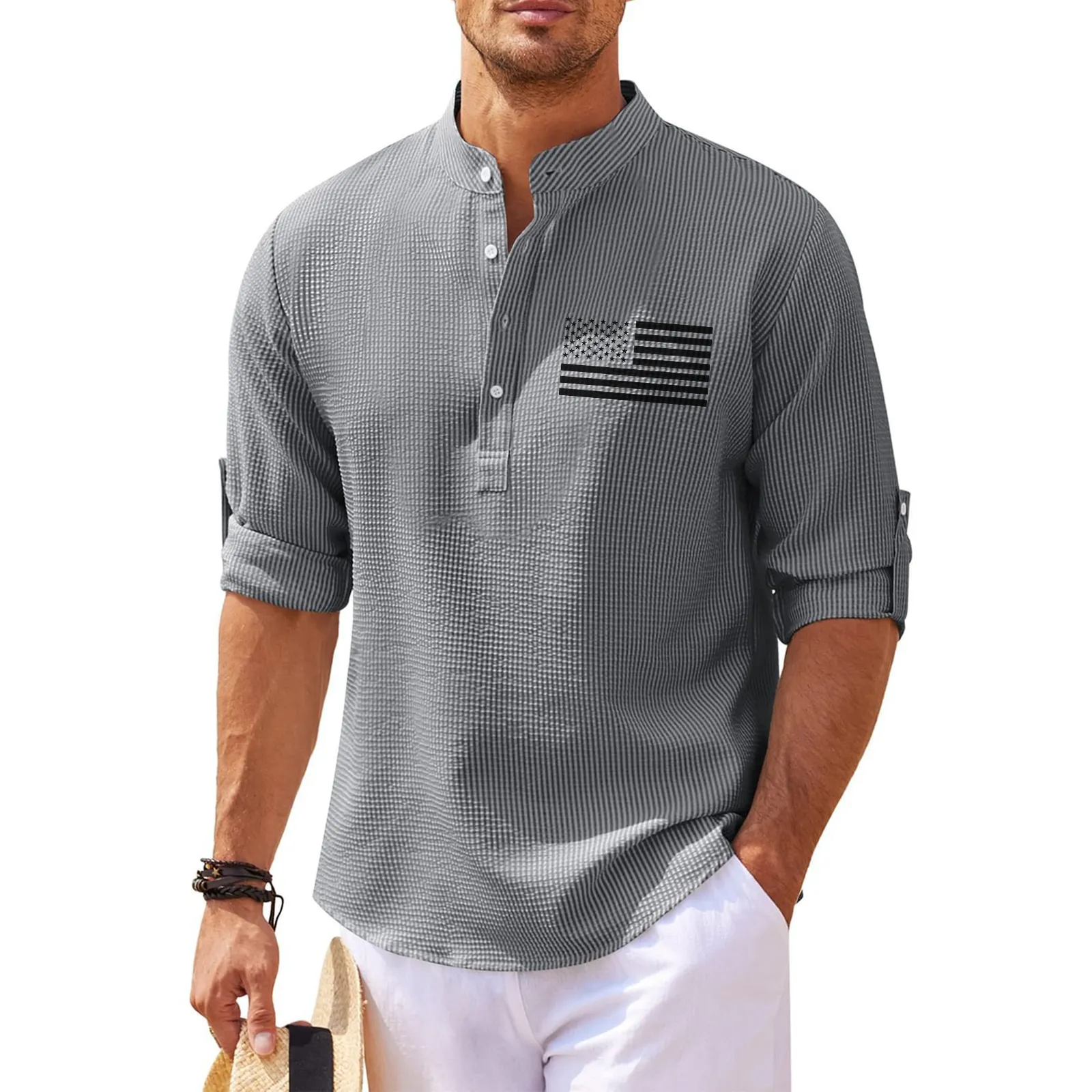 USA FLAG 3/4 SLEEVE CASUAL HENLEY SHIRT