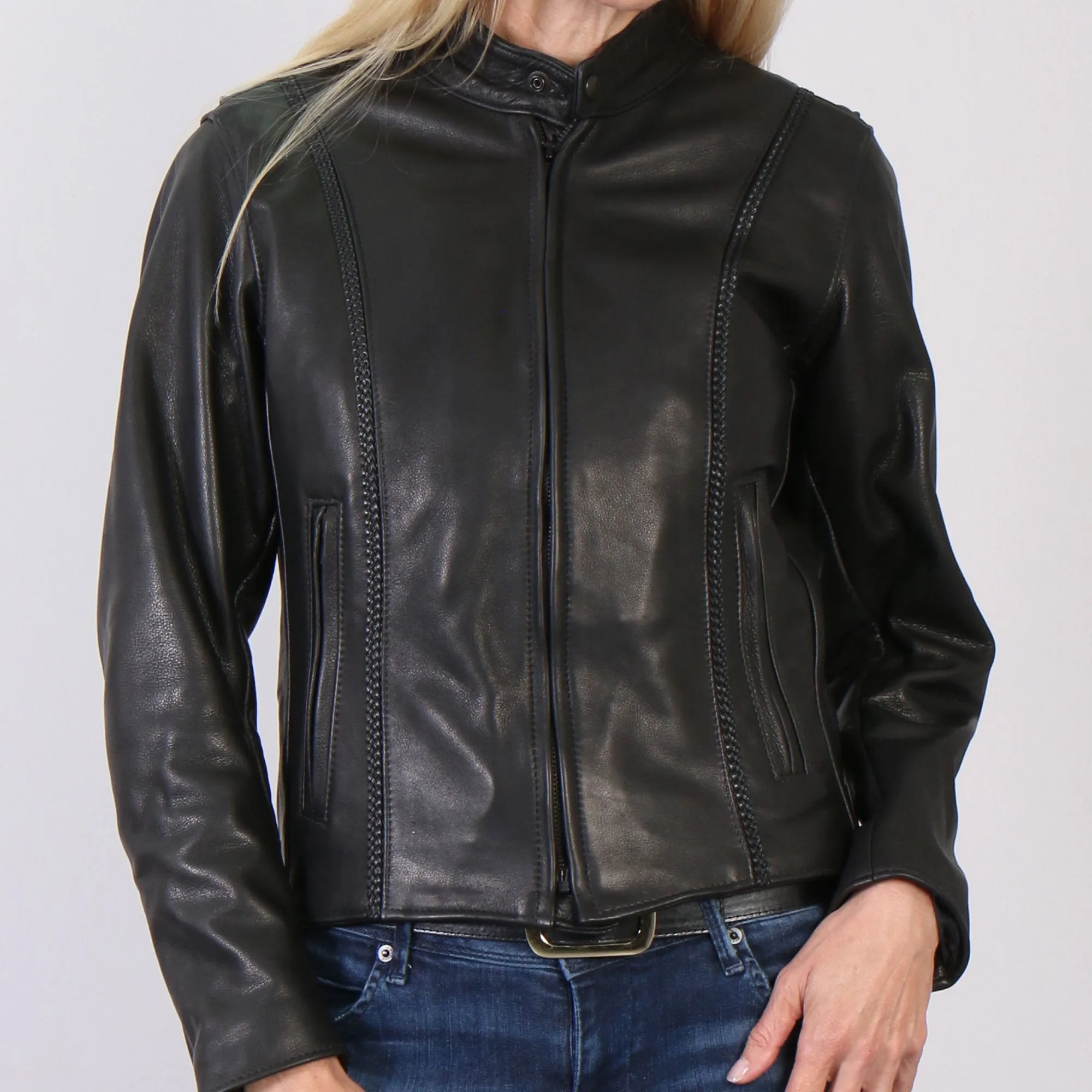 USA Made Ladies Leather Jacket with Braided Detail,  JKL5002-HL