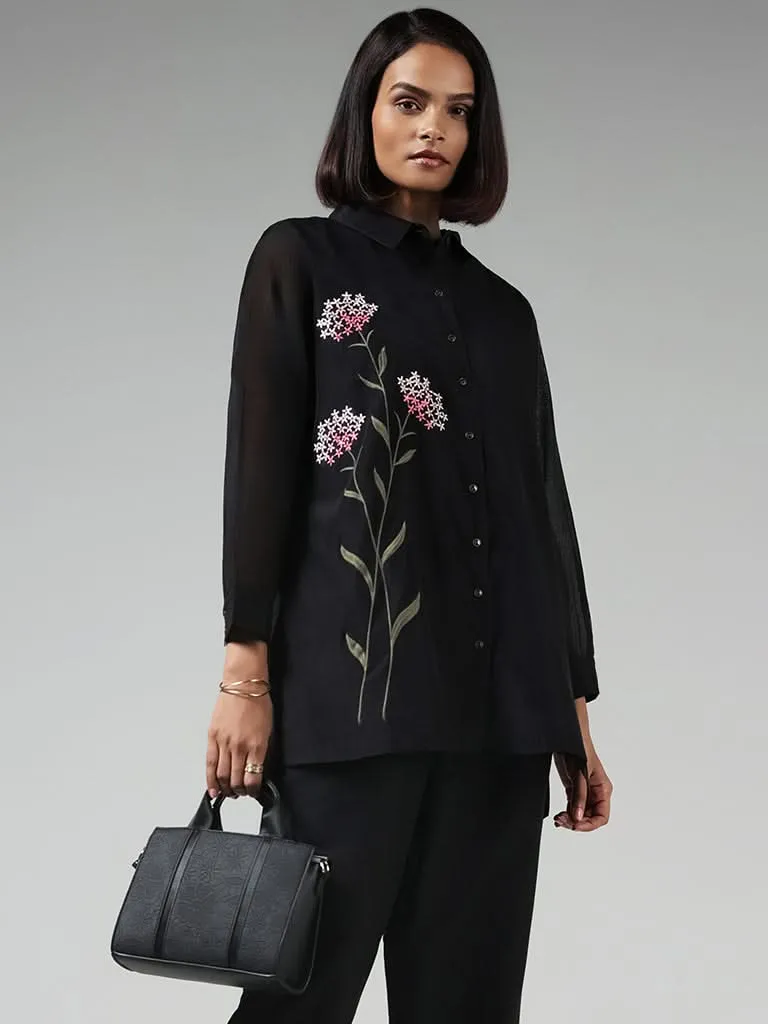 Vark Black Floral Embroidered Tunic & Pants Set