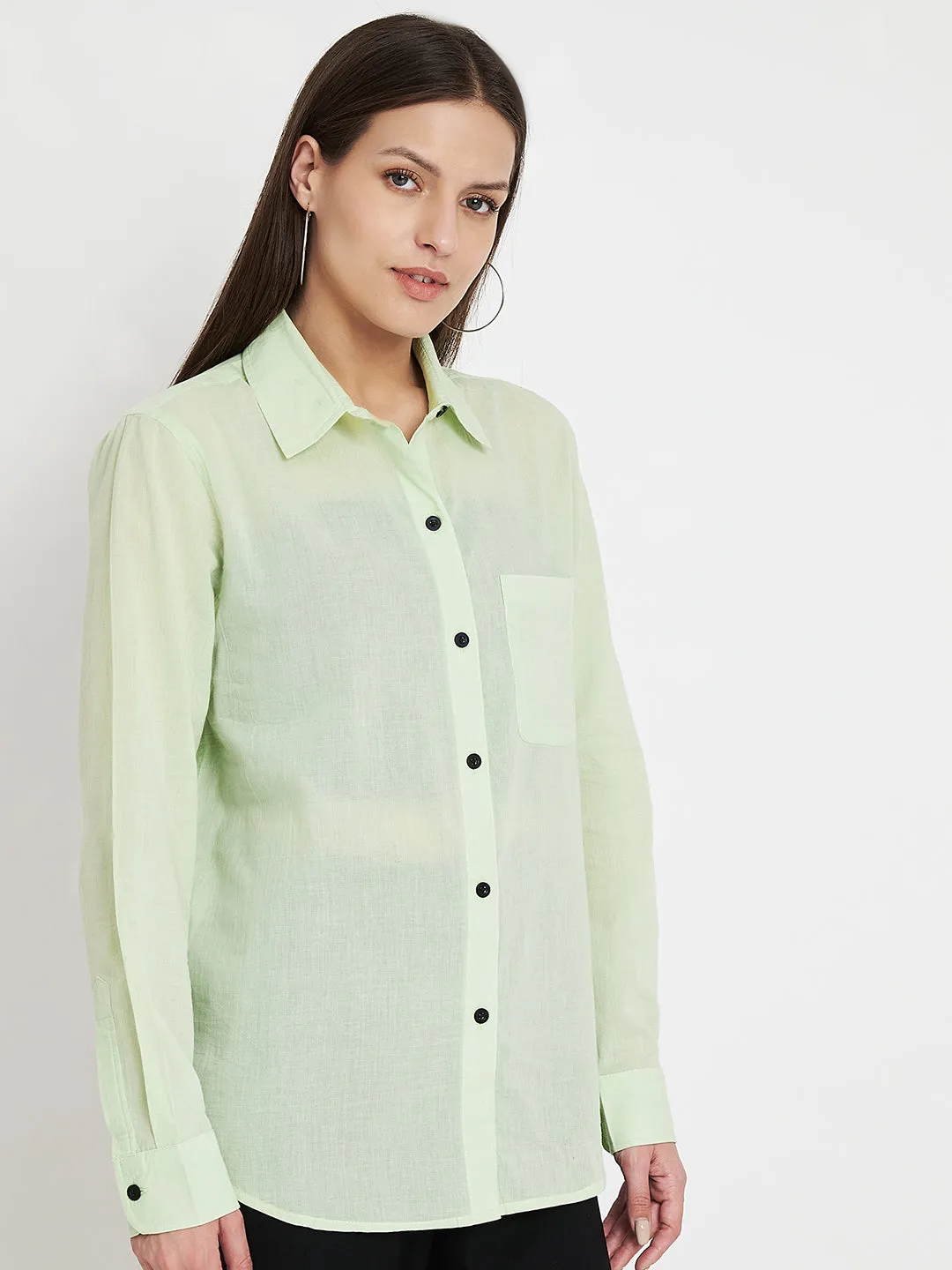 Women Classic Pure Cotton Green Formal Shirt