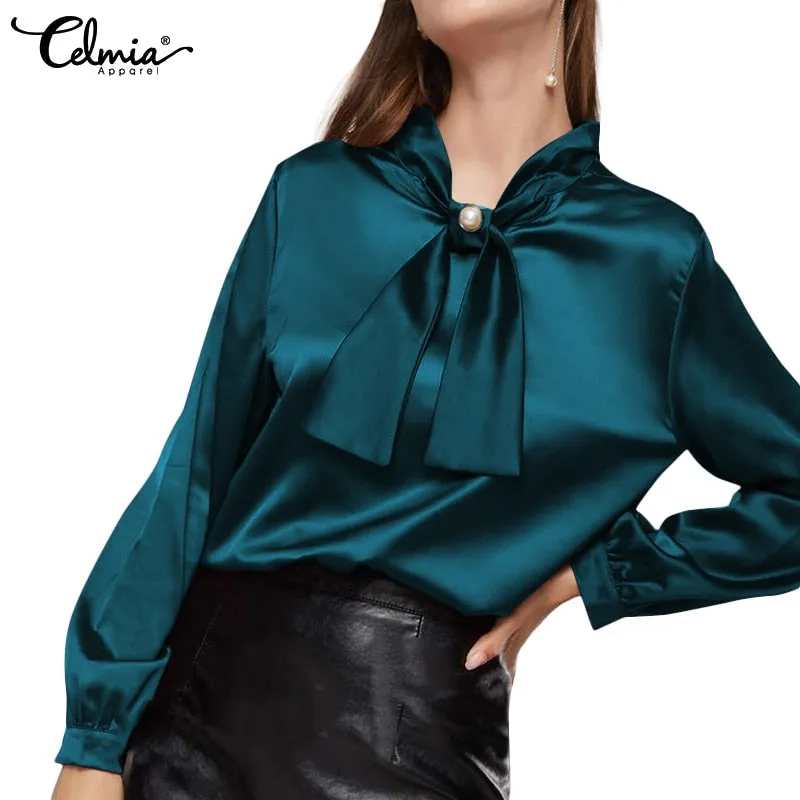 Women Elegant Satin Blouse 2022 Fashion Bow Tie Office Tops Long Sleeve Casual Autumn Slik Shirts Oversized Party Blusas