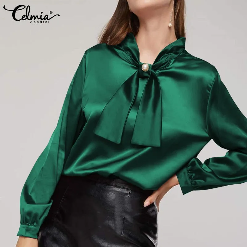 Women Elegant Satin Blouse 2022 Fashion Bow Tie Office Tops Long Sleeve Casual Autumn Slik Shirts Oversized Party Blusas