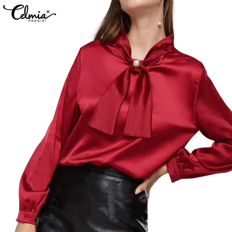 Women Elegant Satin Blouse 2022 Fashion Bow Tie Office Tops Long Sleeve Casual Autumn Slik Shirts Oversized Party Blusas