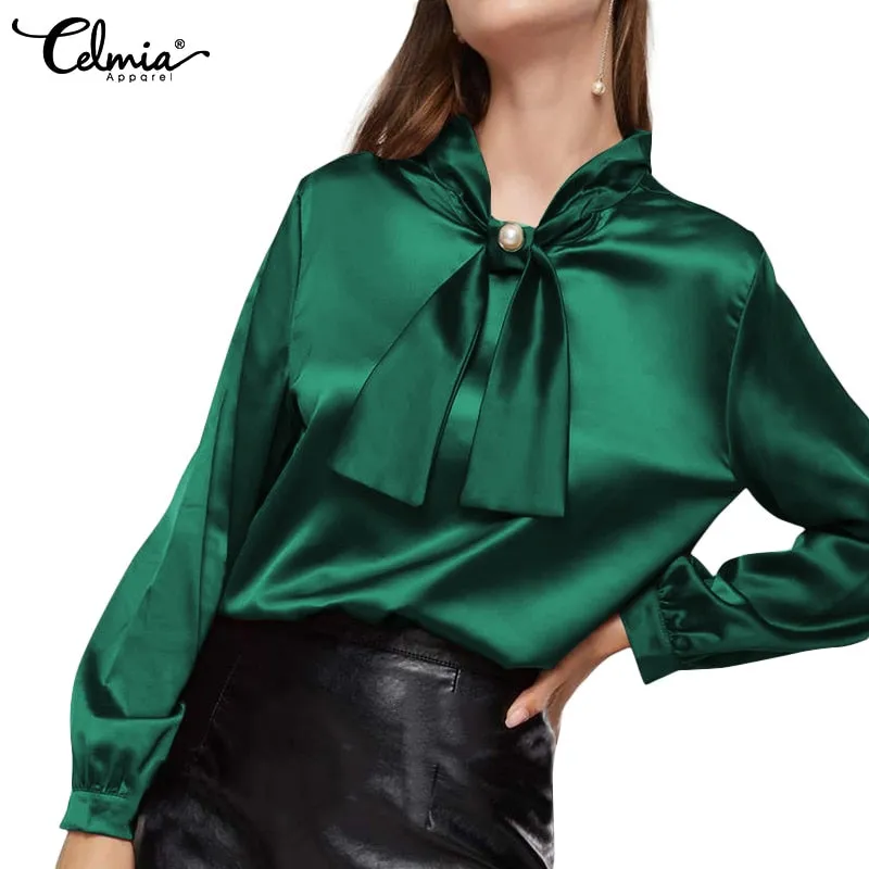 Women Elegant Satin Blouse 2022 Fashion Bow Tie Office Tops Long Sleeve Casual Autumn Slik Shirts Oversized Party Blusas