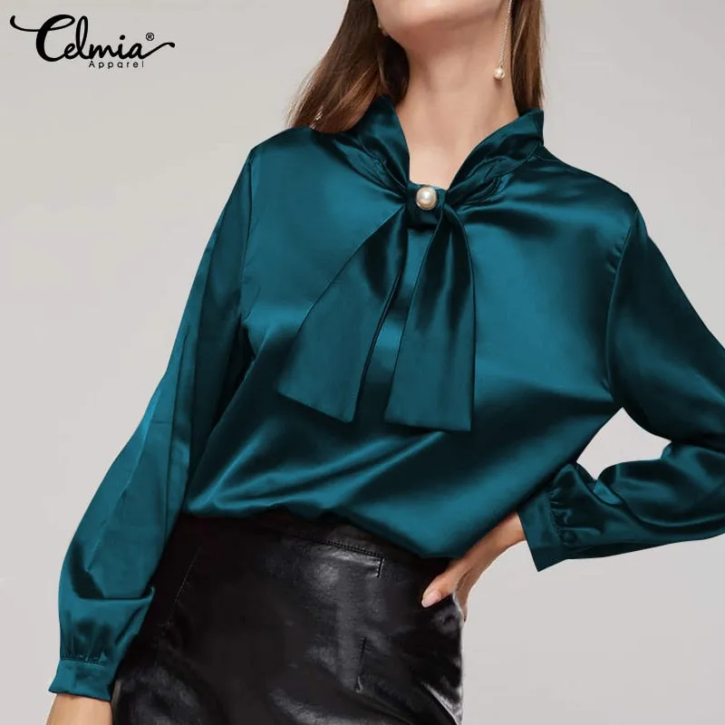 Women Elegant Satin Blouse 2022 Fashion Bow Tie Office Tops Long Sleeve Casual Autumn Slik Shirts Oversized Party Blusas