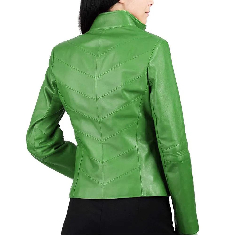 Women Quilted Slim Fit Green Leather Jacket