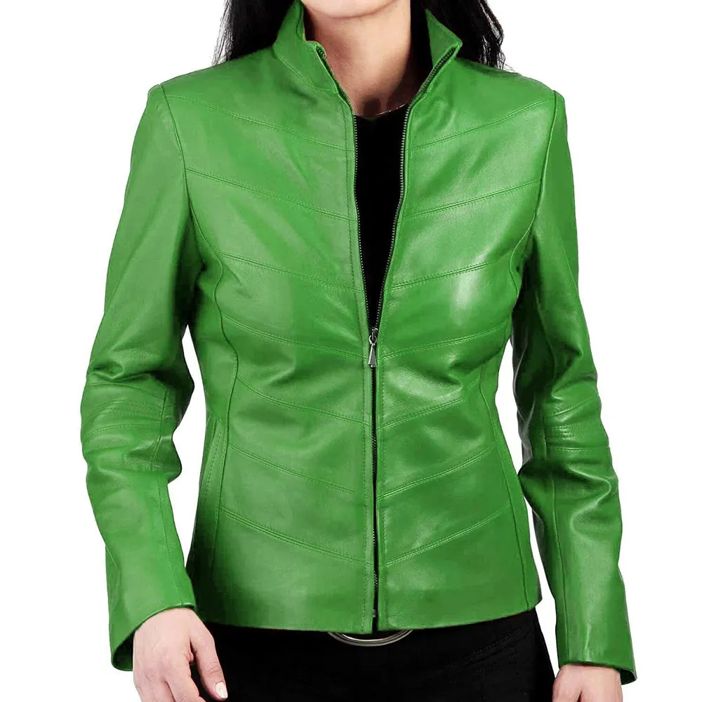 Women Quilted Slim Fit Green Leather Jacket