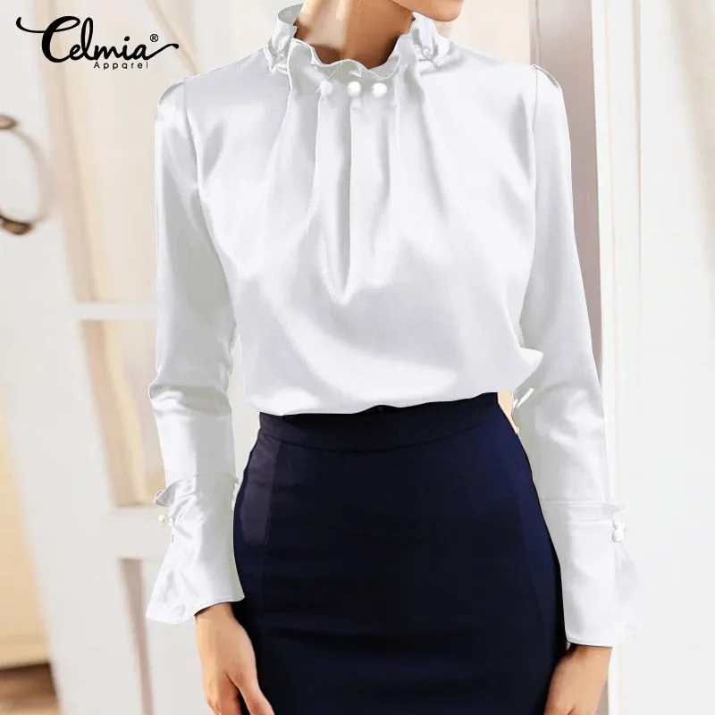 Women Satin Blouses Elegant Long Sleeve Silk Tops 2022 Pearl Stand Collar Female Office Shirts Solid Casual Party Blusas