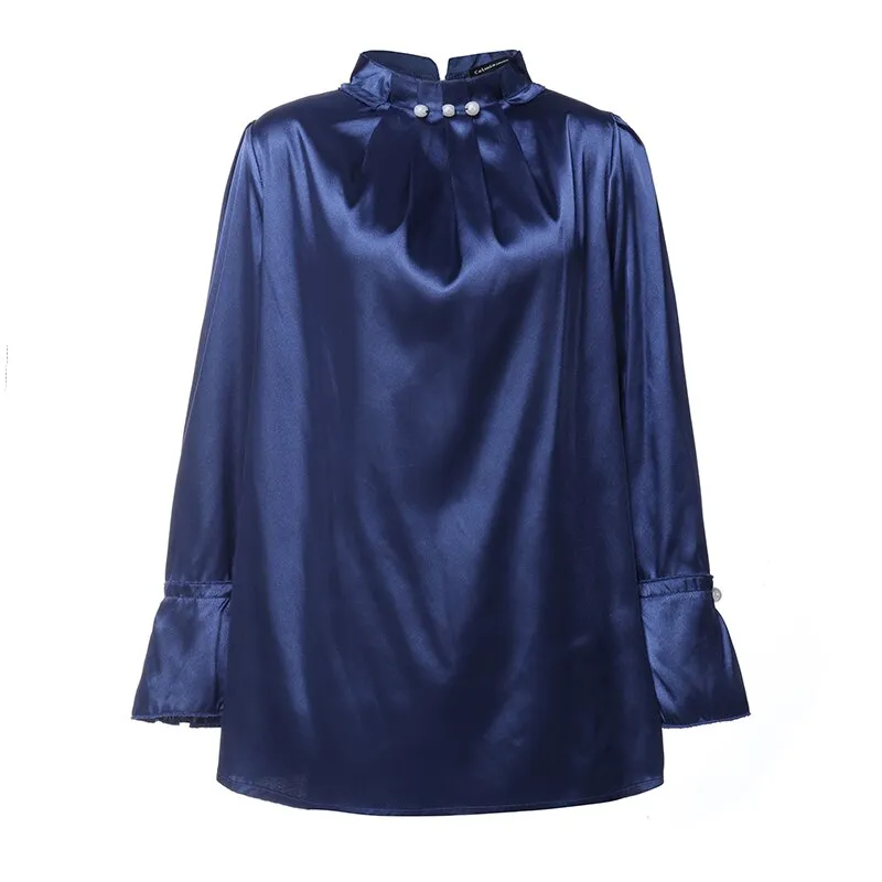 Women Satin Blouses Elegant Long Sleeve Silk Tops 2022 Pearl Stand Collar Female Office Shirts Solid Casual Party Blusas