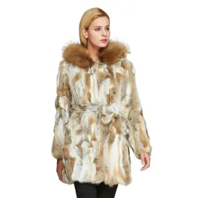 Womens Coat Genuine Rabbit Fur Coat with Raccoon Fur Trim Hood Winter Jacket Winter Coat Fur Story FS010107