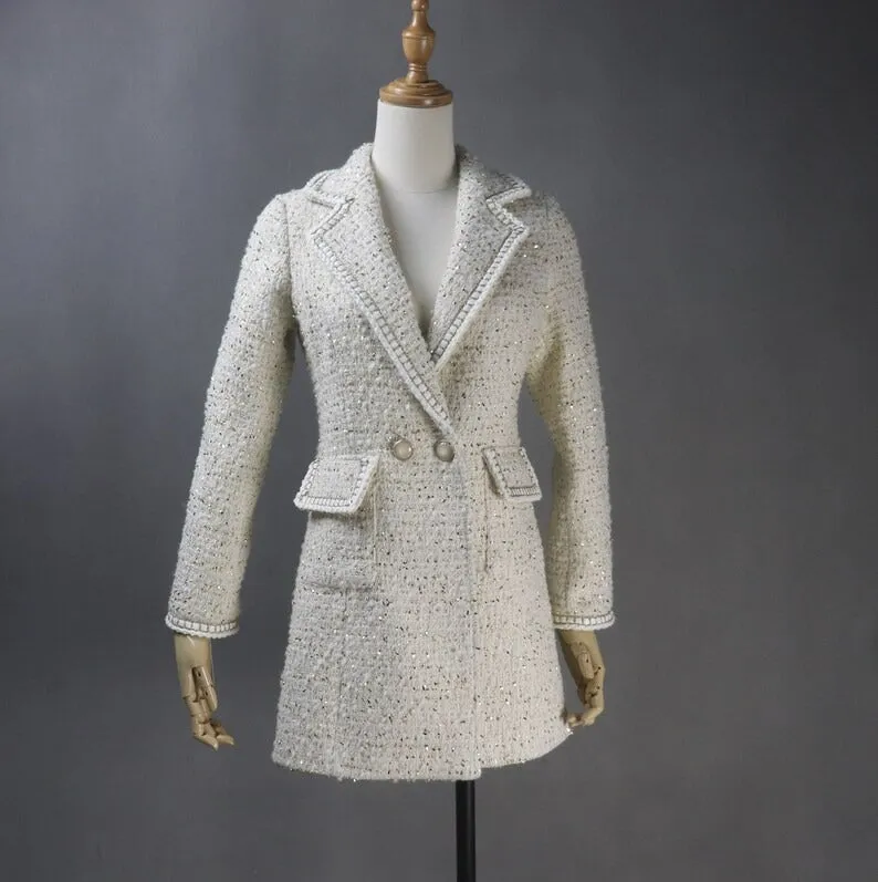 Women's CUSTOM MADE Chain Trim Golden Sparkle Tweed Coat Cream